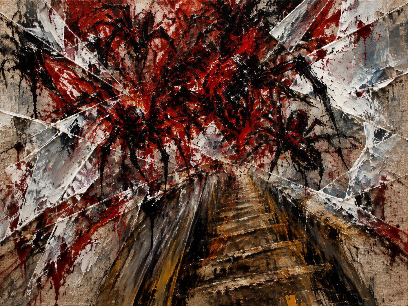 Abstract painting with aggressive black and red strokes suggesting spiders, fractured white shards of glass, and downward smeared ochre and gray lines symbolizing a fall, capturing the emotional force of Glenallen Hill’s sleepwalking injury.
