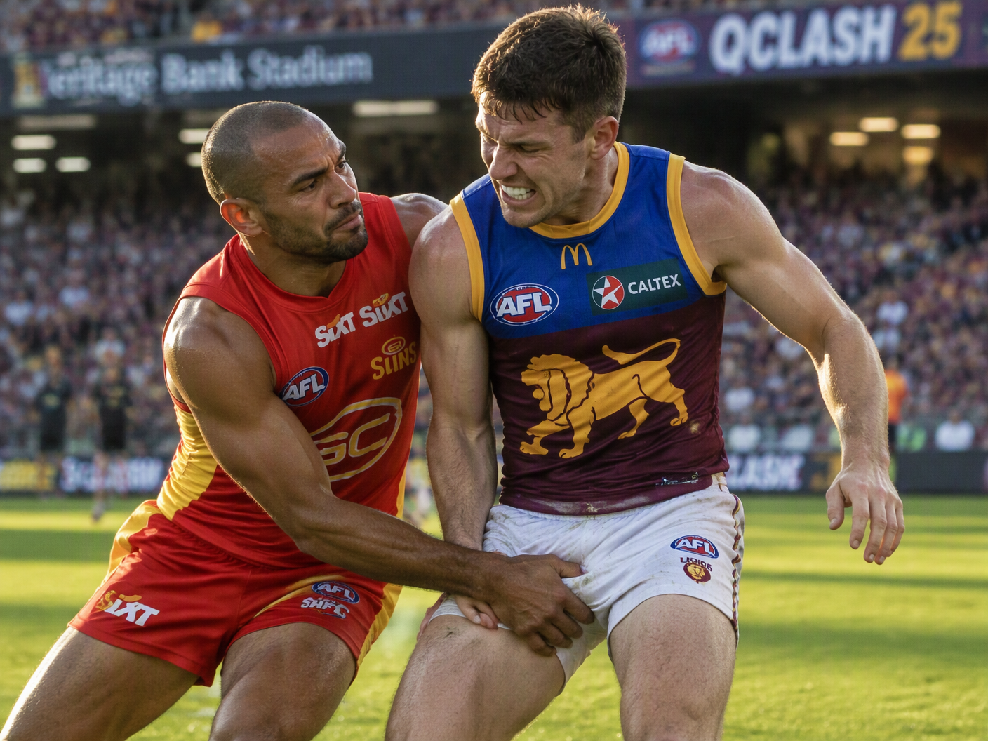 Gold Coast’s Touk Miller tackles Brisbane’s Dayne Zorko during QClash 25, with Miller's right hand making contact near Zorko’s groin, both players showing intense expressions amid the stadium atmosphere.