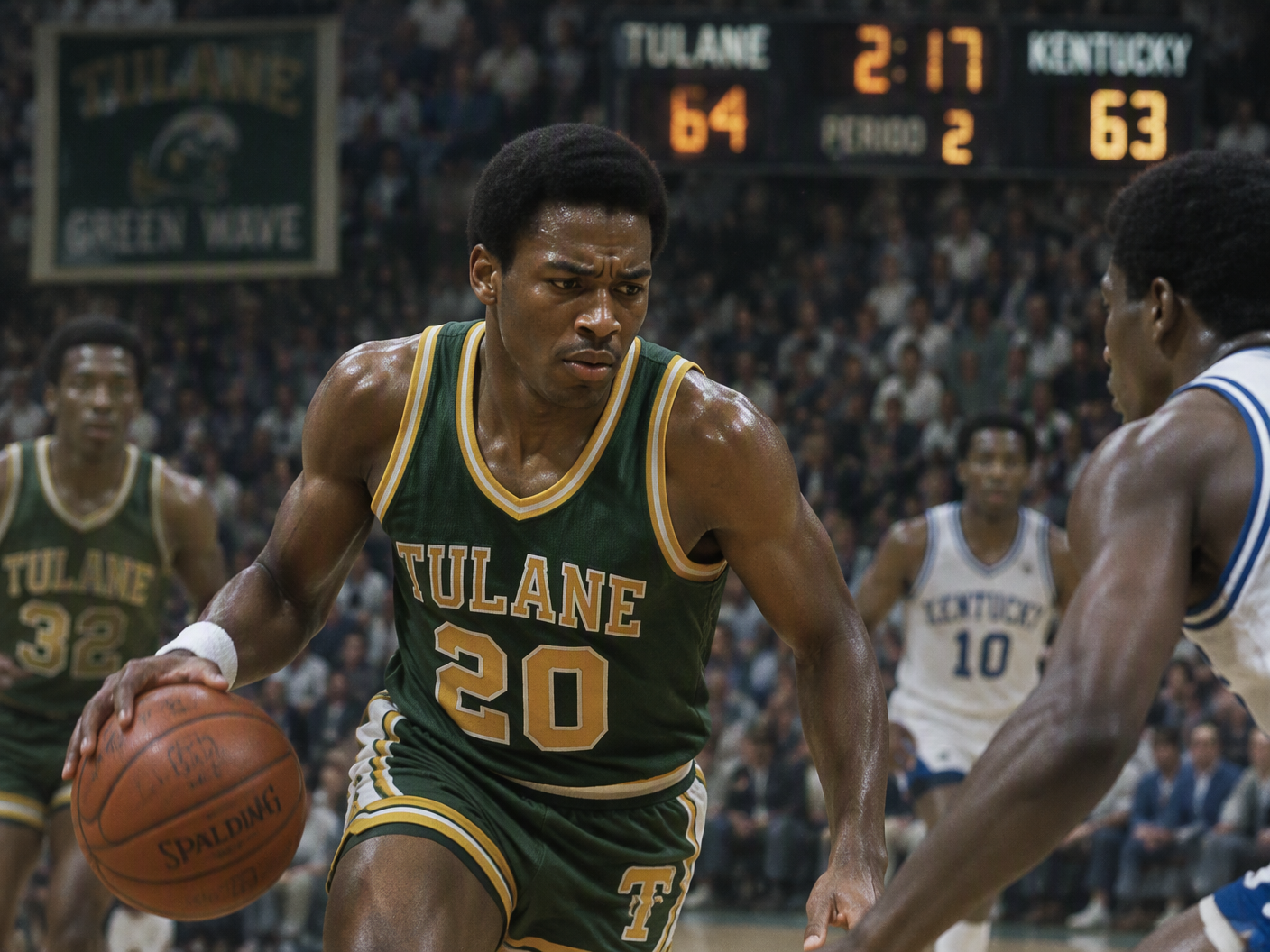 1980s basketball action shot of John "Hot Rod" Williams in a Tulane uniform, focused intensely on the court during a close game, surrounded by blurred teammates and opponents under stadium lights.