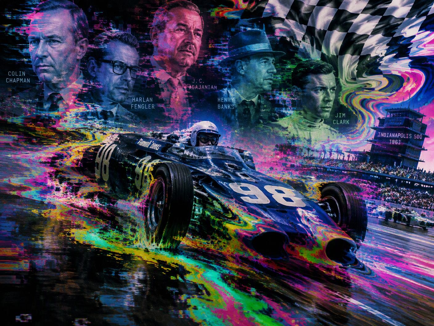 Digital surreal artwork showing Parnelli Jones's oil-leaking race car melting and distorting on the racetrack with glitch-like neon oil trails, surrounded by fragmented, ghostly figures of key personalities from the 1963 Indianapolis 500, all blending and smearing in a neon-lit, glitch aesthetic.