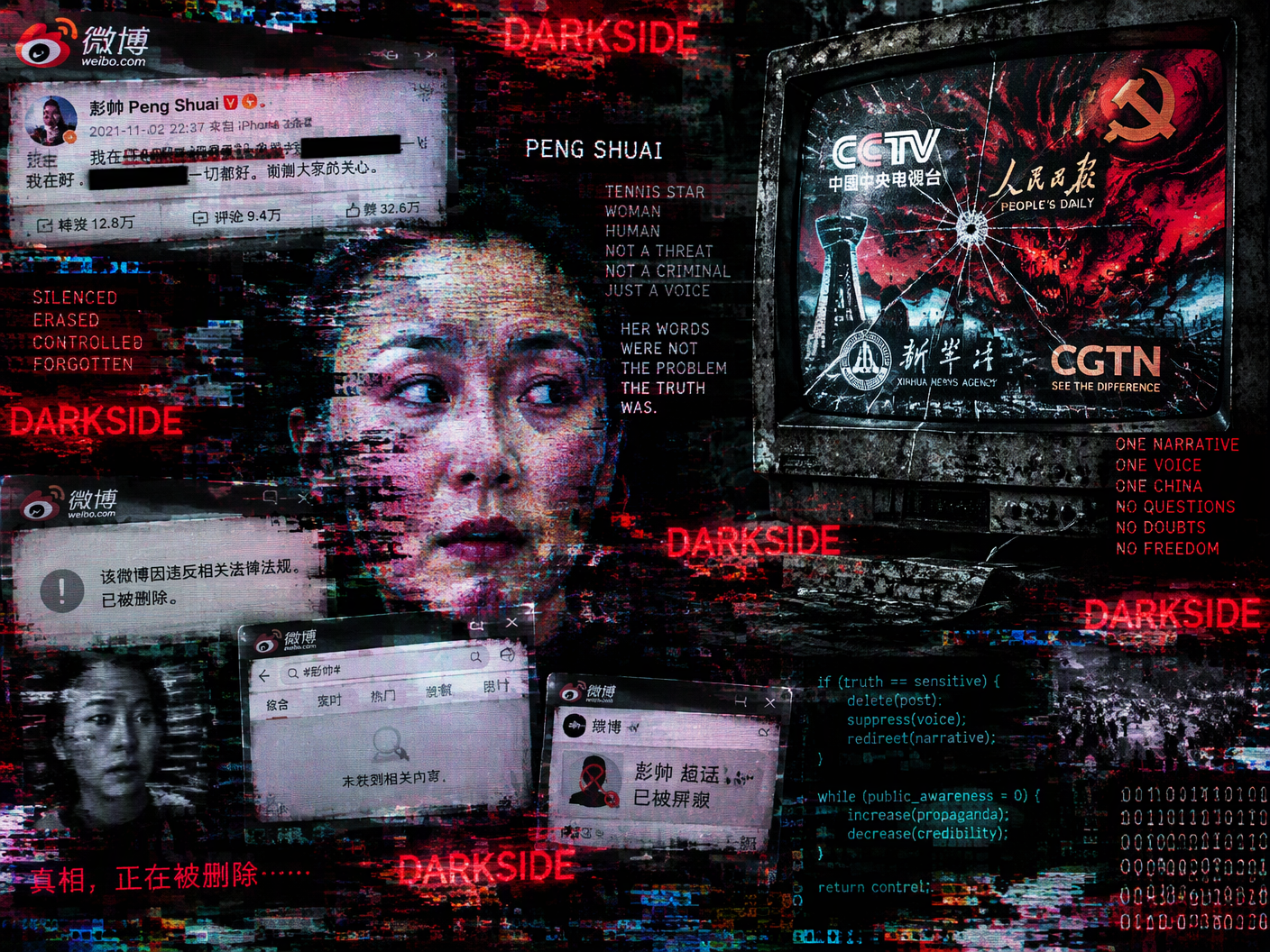 Glitched, corrupted social media interface showing Peng Shuai's redacted post with distorted state media logos and broken digital elements symbolizing censorship and erased truth amid chaotic signal noise.