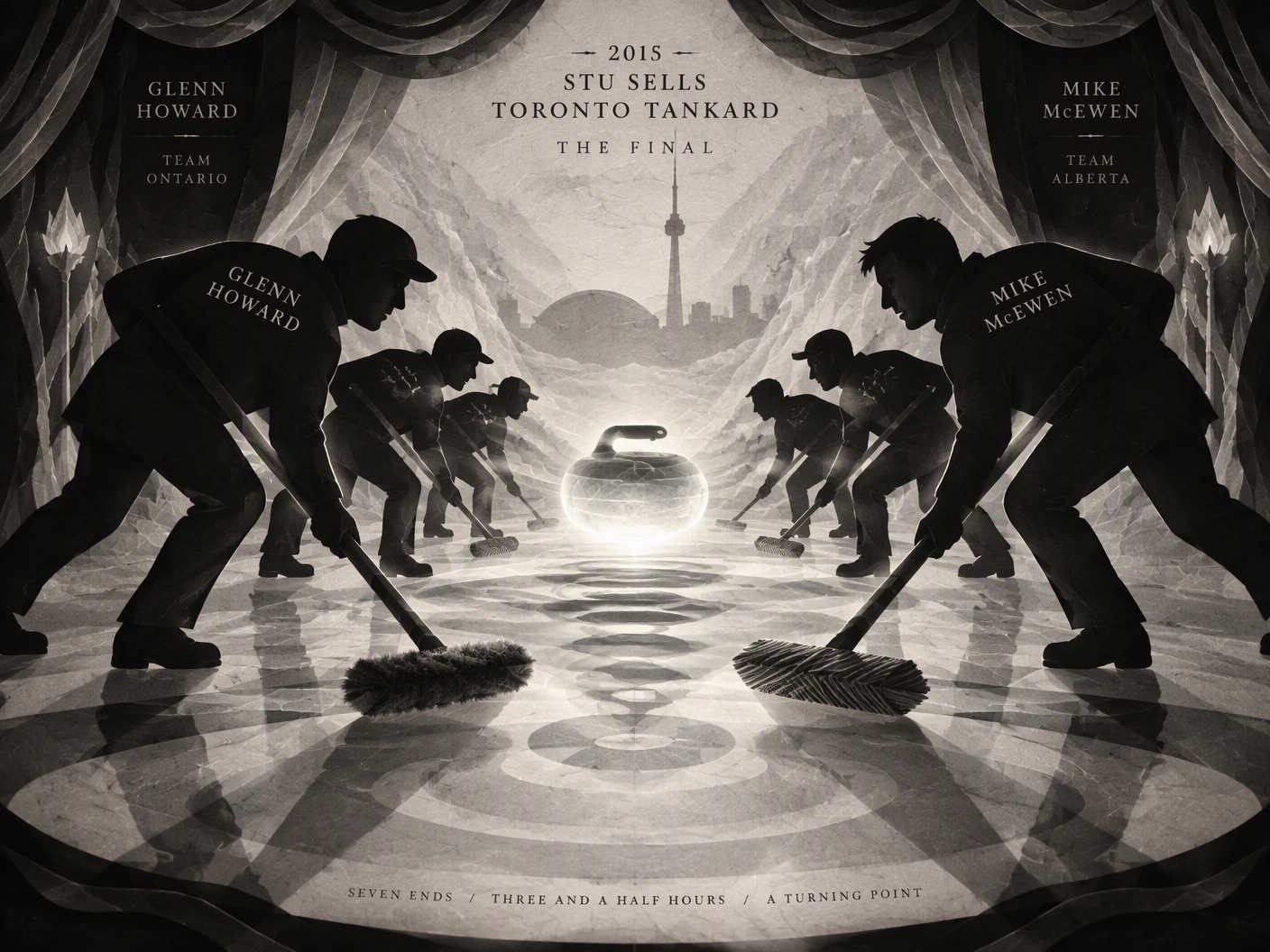 Silhouetted curling teams led by Glenn Howard and Mike McEwen facing off under fairy-tale lighting on an icy sheet, their sweeping brushes rendered as layered textured cut-paper shapes symbolizing rival fabrics, with a glowing curling stone casting shifting shadows between them.