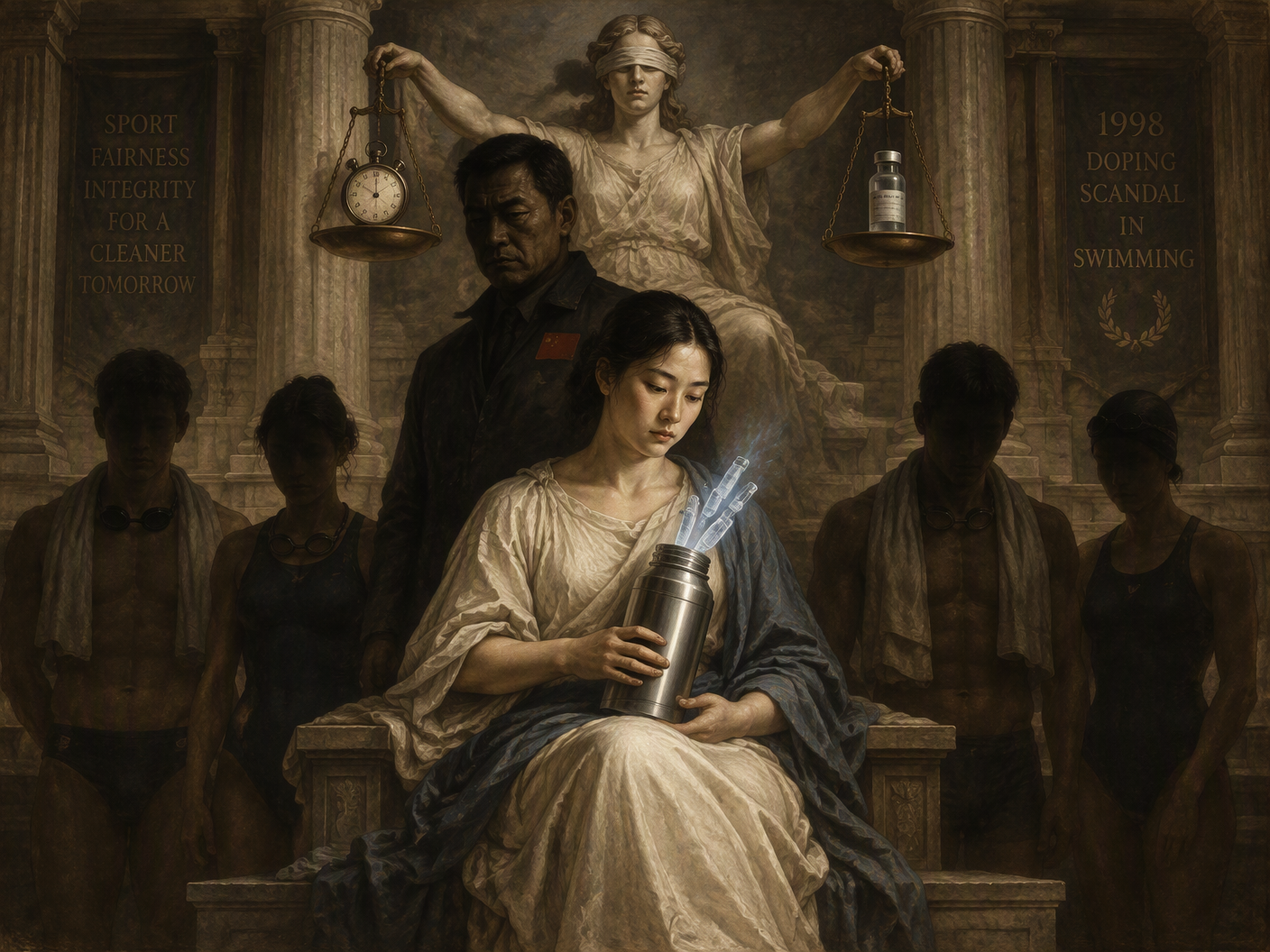 A neoclassical painting showing a seated woman holding a thermos with glowing vials, a stern man stands behind her, and four shadowed athlete figures flank them; above, Justice holds scales balancing a stopwatch and vial, set in a grand columned hall symbolizing institutional judgment and the era’s doping scandal.