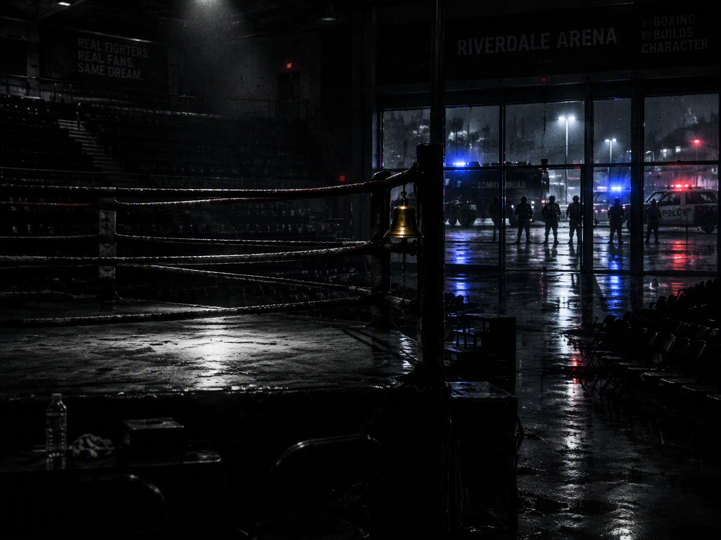 An empty boxing ring illuminated by harsh overhead light inside a darkened venue with empty seats fading into shadow. Through the glass doors in the background, blurred police officers and emergency vehicles with flashing lights suggest a recent evacuation. The scene is tense, still, and charged with an unseen menace.