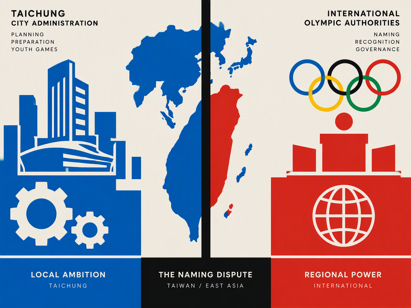 Bauhaus-style graphic showing Taiwan and East Asia divided by a black line, with blue geometric shapes representing Taichung's city preparations on the left and red Olympic symbols on the right, symbolizing the naming dispute and loss of hosting rights.