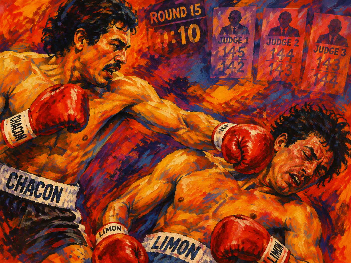 An expressive Fauvist painting of Bobby Chacon landing a knockdown punch on Rafael Limón in the final seconds of their 1982 boxing match, with vivid reds and oranges swirling around the two fighters to capture the emotional intensity and heat of their rivalry.