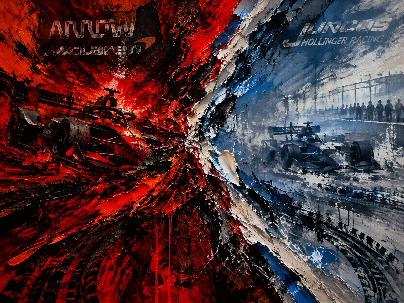 Abstract expressionist painting splitting the canvas diagonally with raw textures and contrasting colors—fiery reds and blacks clash with cool blues and grays—symbolizing a broken racing alliance. Jagged torn lines and scraped paint suggest collision and conflict, while blurred racing motifs lie obscured beneath thick, gestural layers of paint.