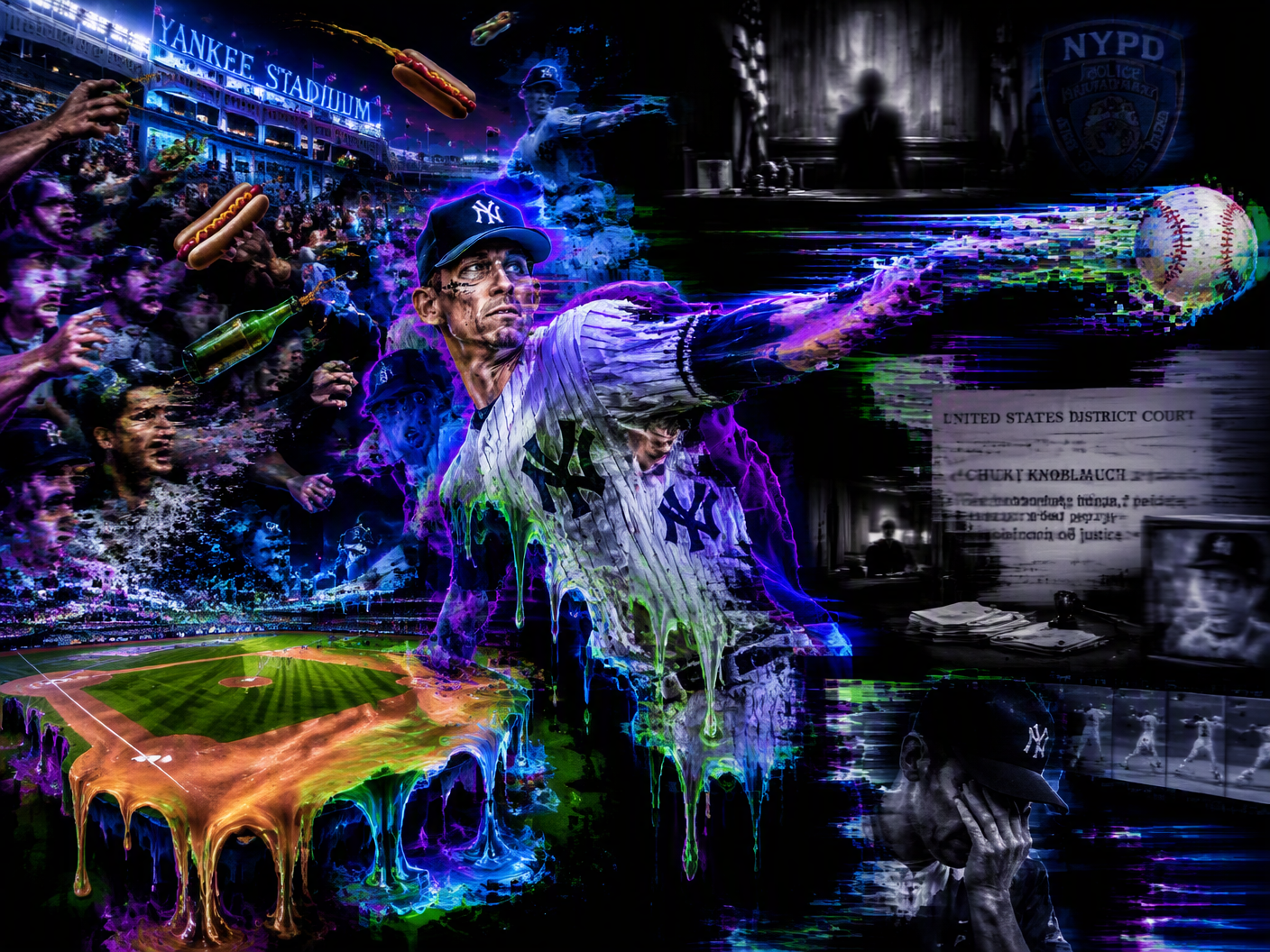 A textured gouache-and-charcoal illustration shows an empty baseball stadium tunnel and dim infield, with a worn glove, error-marked scorebook, court papers, and a small medical vial in the foreground; indistinct objects hang over distant seating.