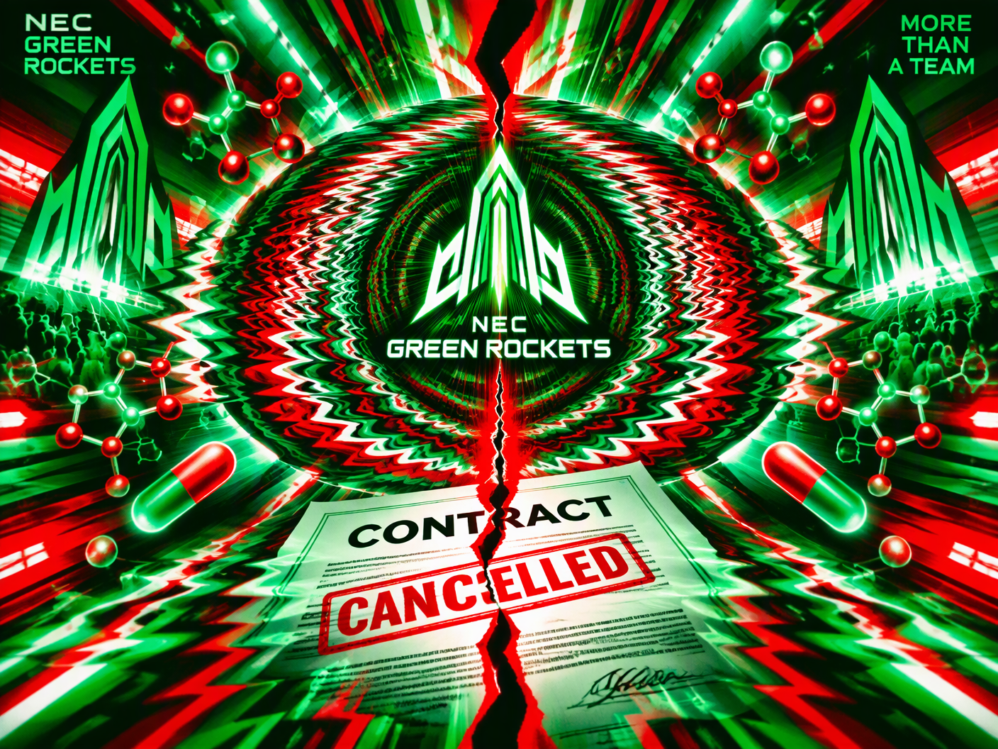 Abstract Chromatic Op Art image with radiant green and red geometric patterns forming a symmetrical vortex symbolizing the NEC Green Rockets contract cancellation and drug scandal, evoking intense emotional and optical pressure.