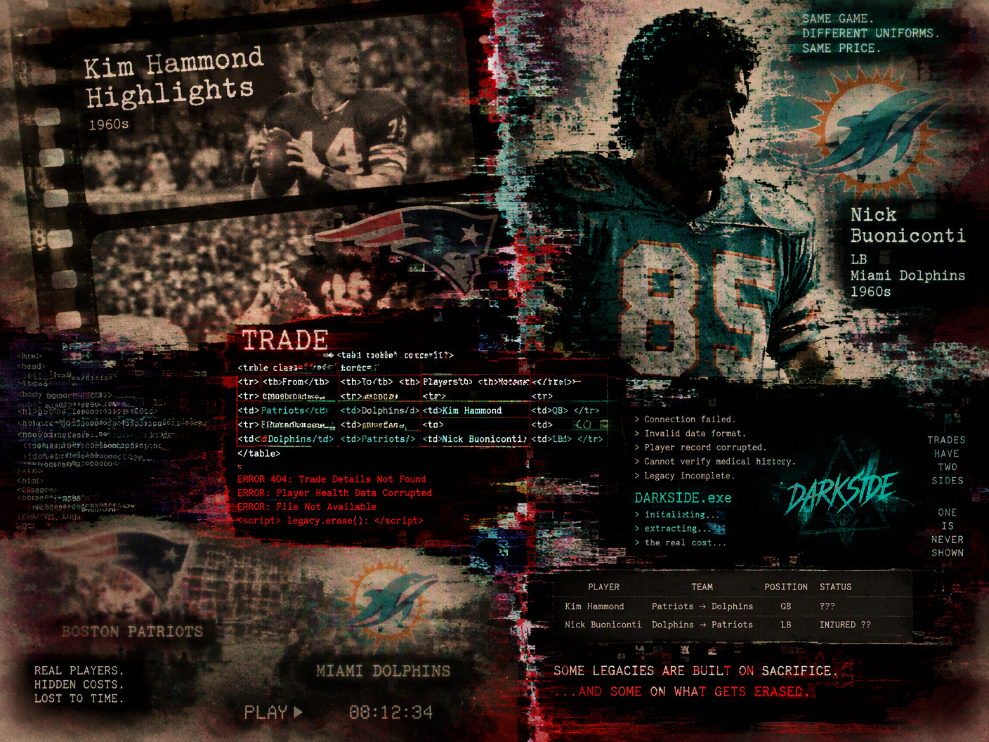 A corrupted digital collage showing fragmented 1960s football trade visuals: glitching film reels of Kim Hammond, a shadowy Nick Buoniconti in Miami Dolphins gear, broken trade documents, and flickering Boston Patriots and Dolphins logos, overlaid with DARKSIDE glitch branding symbolizing the hidden costs of football legacy.