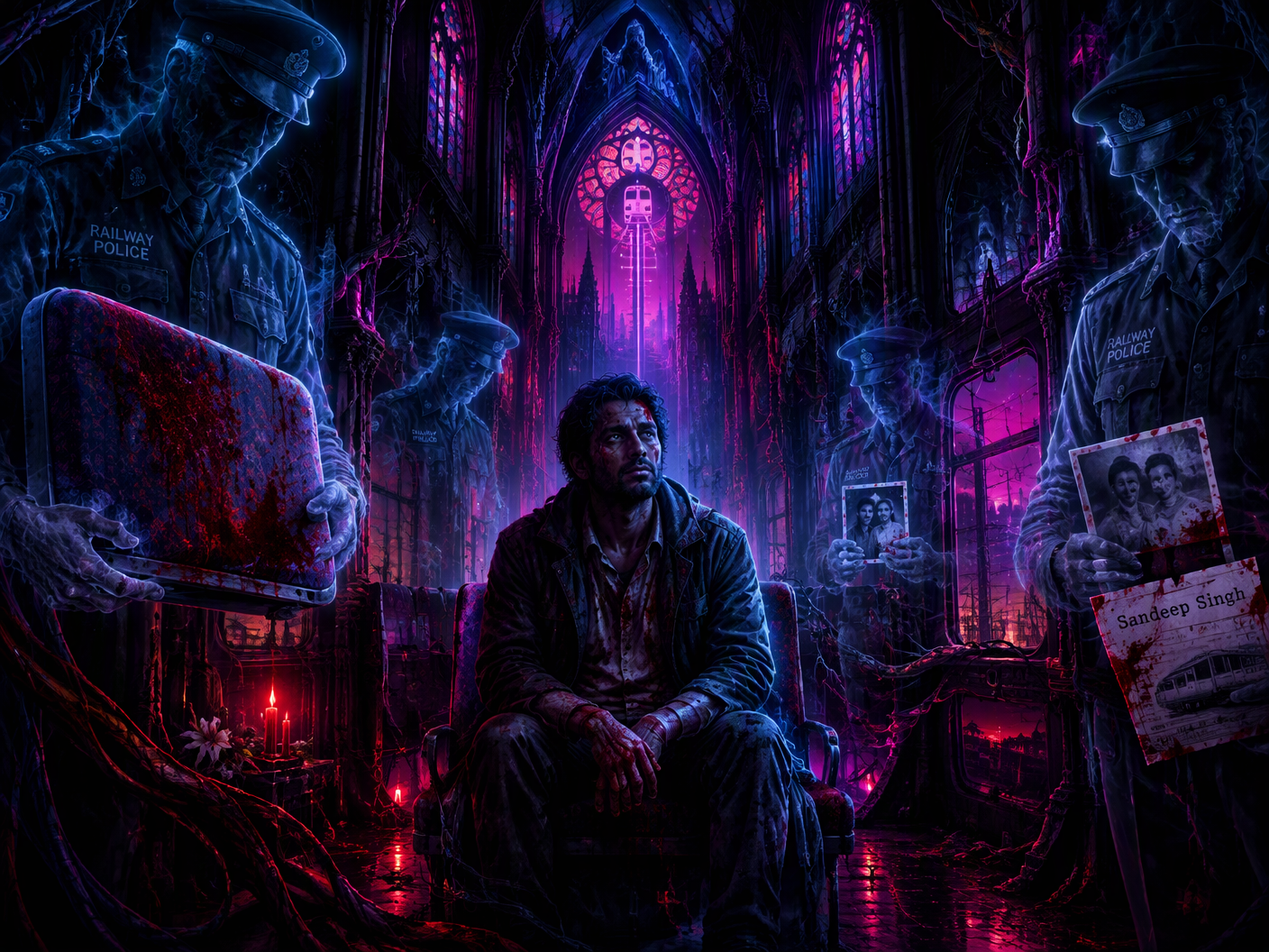 A wounded Sandeep Singh sits alone in a dim, gothic neon-lit railway carriage transformed into a haunted cathedral, surrounded by ghostly railway police officers amid glowing, intricate dystopian architecture and organic cables.
