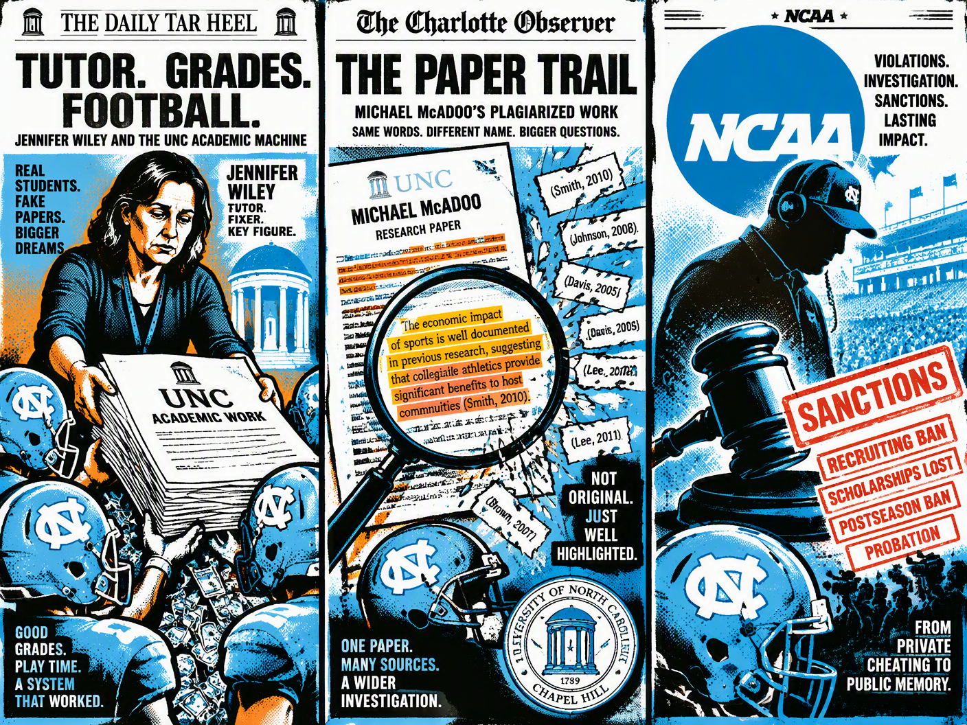 Pop art style triptych showing a tutor handing papers to football players, a magnifying glass exposing plagiarized text on a paper, and a shadowy football coach with NCAA sanctions symbols, all rendered in bold Carolina blue and orange with screen print textures.
