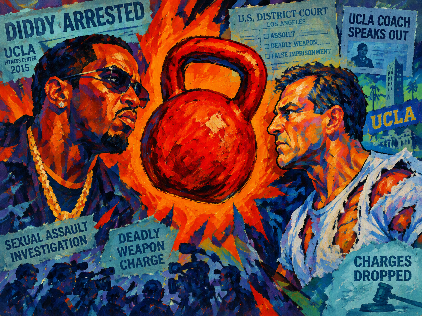 Abstract Fauvist painting showing a large red kettlebell between two stylized figures representing Sean Combs and a UCLA coach, with torn shirt details and jagged brushstrokes in reds, oranges, and blues symbolizing the emotional intensity and legal drama of the 2015 UCLA arrest case.