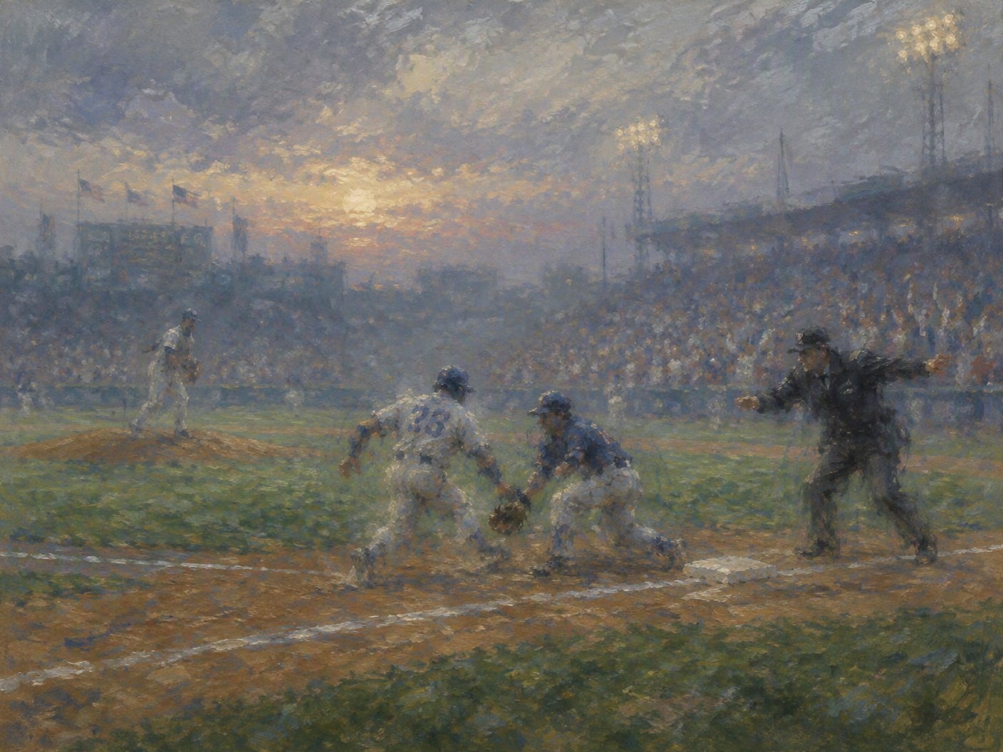 Impressionist painting of a baseball game’s critical moment at first base, showing a hazy, dusk-lit scene with blurred figures of a pitcher and umpire, capturing the ephemeral tension and fragile human error that ended a perfect game.
