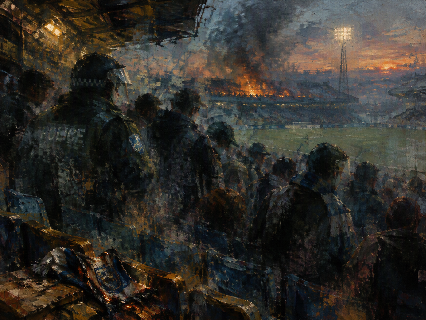A hazy impressionist painting of a football stadium at dusk with blurred figures of fans and a police officer merging together, surrounded by smoky tones and flickering amber light suggesting fire damage and undercover tension.