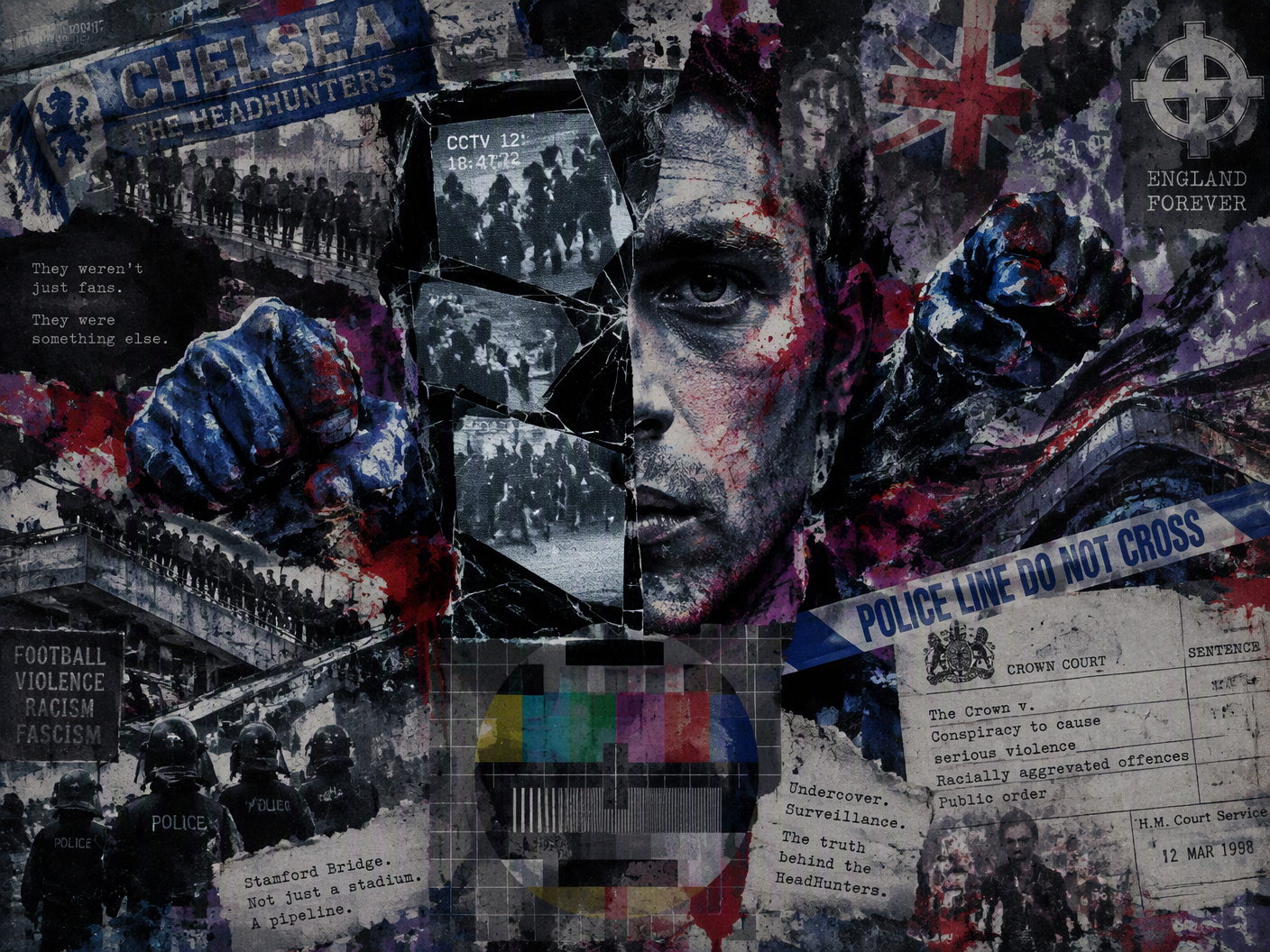Surreal collage of a fragmented human face shattered by CCTV screen shards, surrounded by abstract fists, police tape, and fading football scarves in muted cold tones with red splashes, symbolizing football hooliganism, undercover investigation, and court consequences.