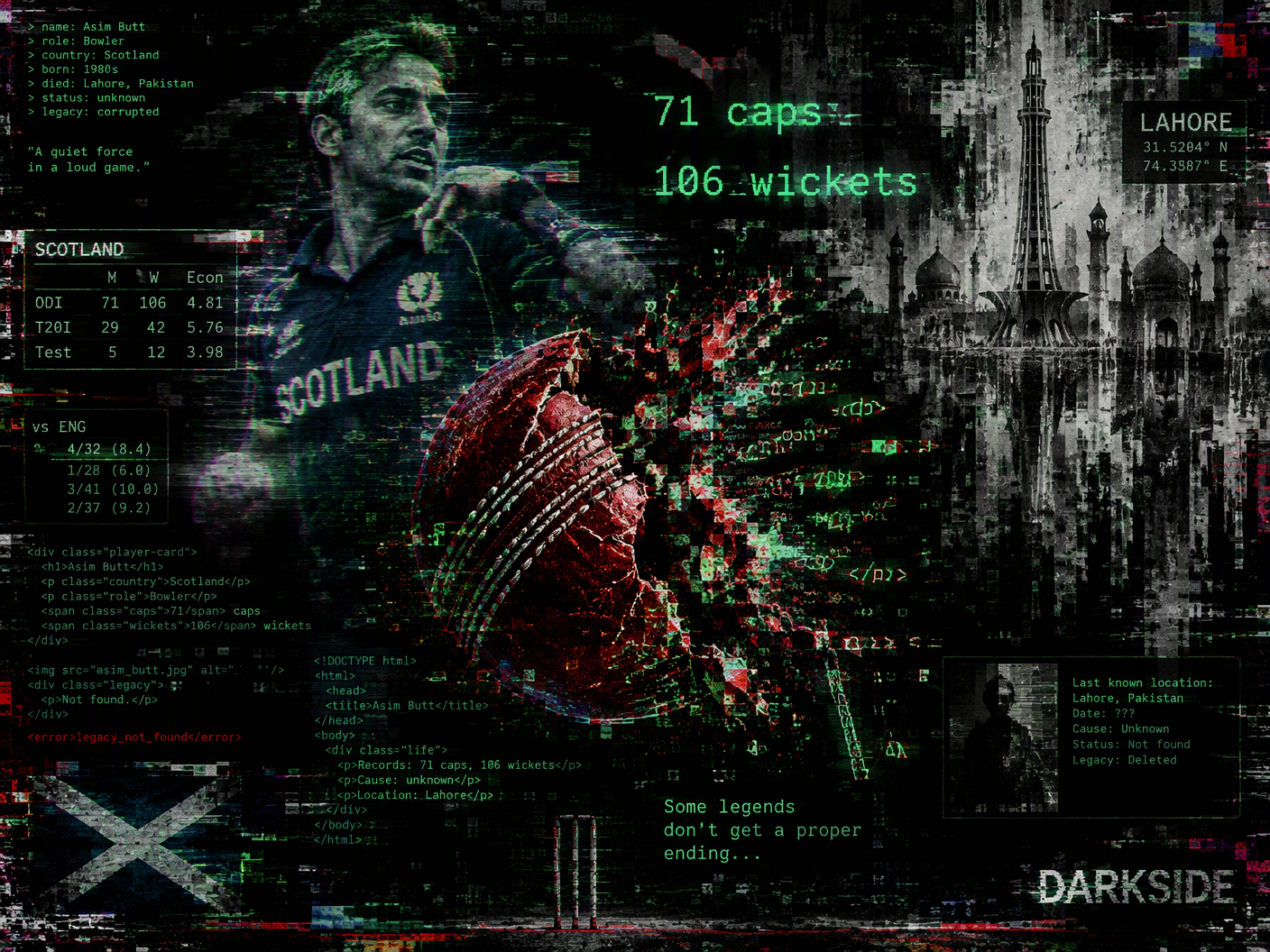 Glitch art portrait of cricketer Asim Butt as a corrupted digital hologram with shattered cricket ball and pixelated Lahore skyline dissolving into glitchy, dark web code, symbolizing sudden death and fractured legacy.
