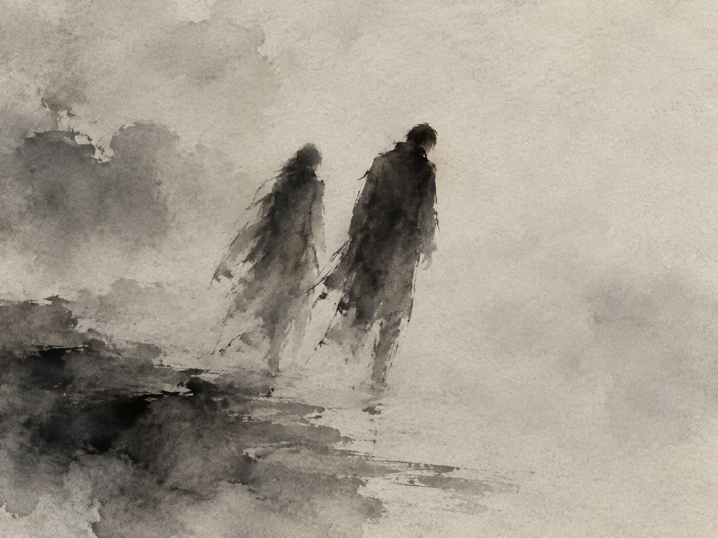 Ink wash painting of two shadowy, blurred figures fading into mist and empty space, symbolizing complicity and moral ambiguity in a doping scandal.