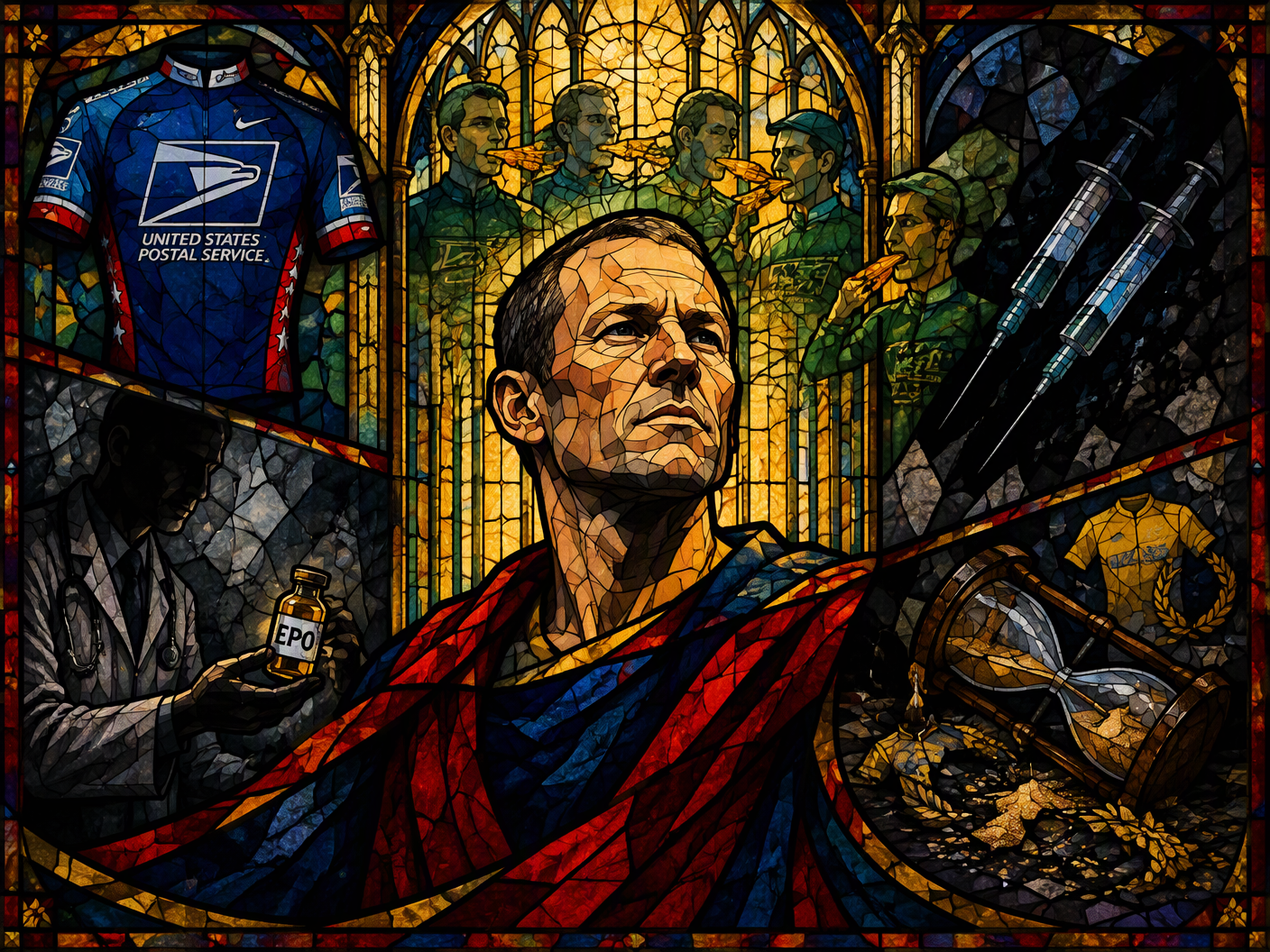Stained-glass style image showing Lance Armstrong as a central symbolic figure surrounded by cycling and doping iconography, teammates’ testimonies depicted as ethereal figures, all framed by a cathedral window of jewel-toned glass, representing the doping scandal and its consequences.