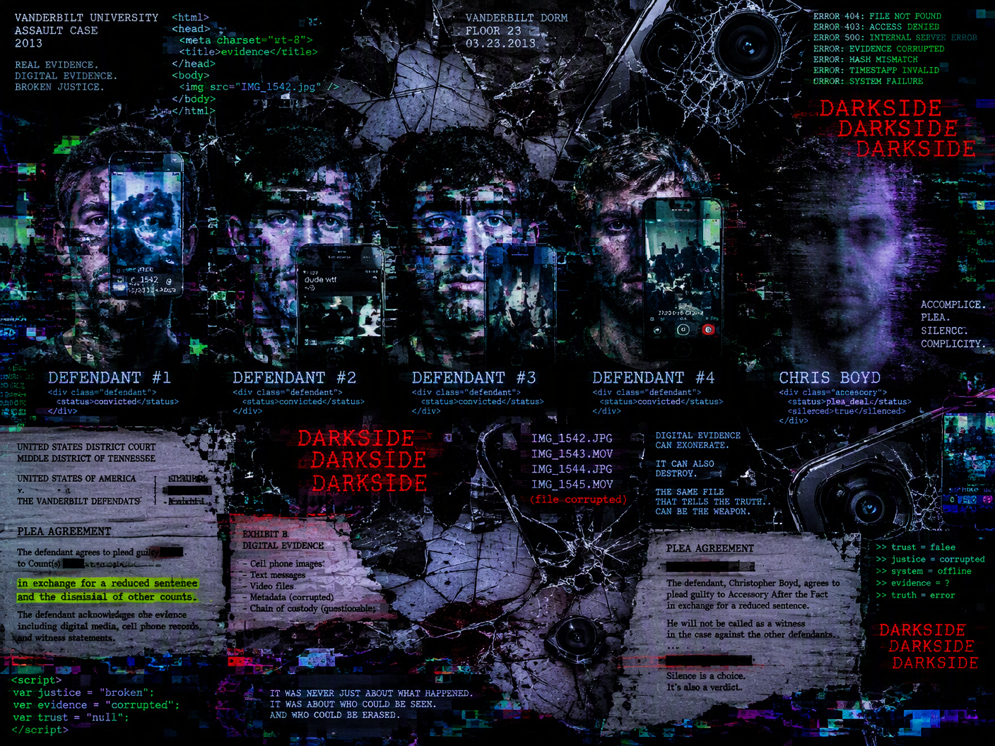 Dark digital artwork showing four fragmented male figures made of glitch and broken code representing Vanderbilt defendants, with a blurred fifth figure for the accessory plea. Background features shattered dorm floor and broken cellphone lenses, overlaid with corrupted legal text and glitch effects, all rendered in dark purples, blues, and neon greens with repeated 'DARKSIDE' error branding.
