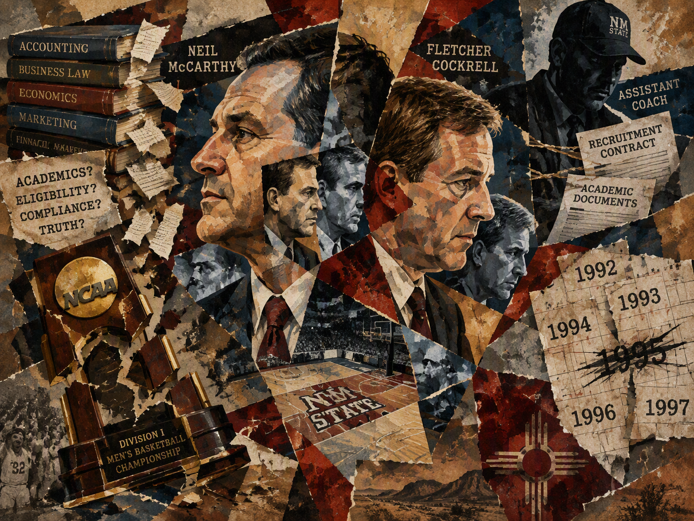Cubist collage of fragmented portraits of New Mexico State coach Neil McCarthy and assistant Fletcher Cockrell, layered with shattered academic books, broken NCAA trophies, and distorted basketball court imagery symbolizing the contested scandal and vacated tournament years.