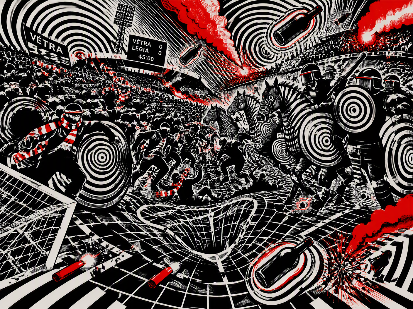 Abstract Op Art image showing a distorted football pitch grid overwhelmed by swirling shapes representing a crowd invasion and confronting police, using black, white, and red geometric patterns to evoke conflict and instability.