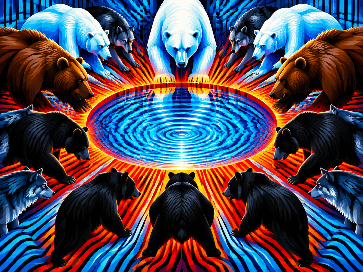 Abstract chromatic op art composition of black, polar, and grizzly bear silhouettes arranged around a radiant geometric pool, using vibrating reds and blues to symbolize danger and tragedy in a shared zoo enclosure under director Edmund Heller.