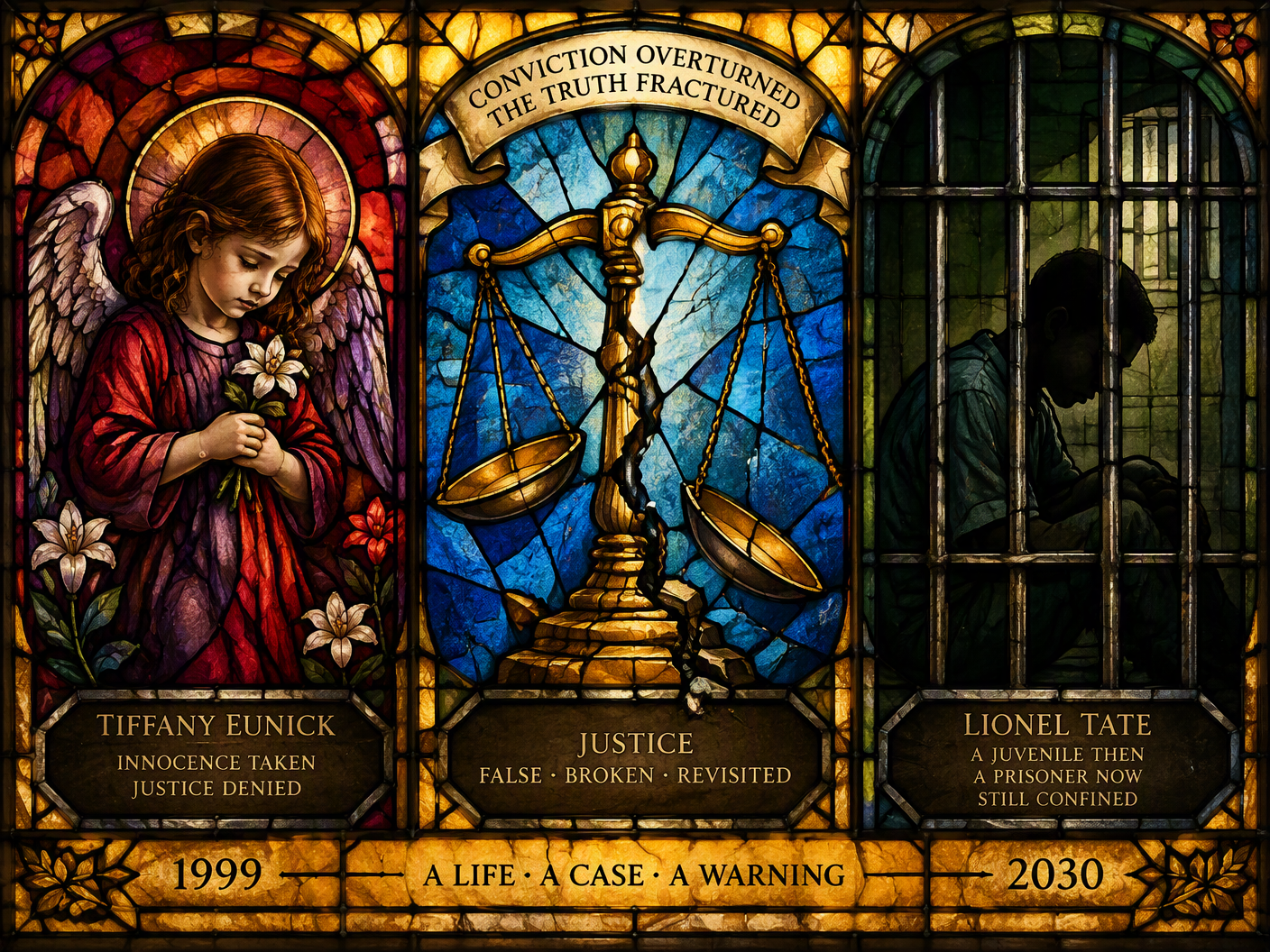 A stained-glass artwork divided into three panels: a grieving child symbolizing Tiffany Eunick, a broken scale representing overturned justice, and a juvenile figure behind prison bars symbolizing Lionel Tate’s incarceration, all rendered in jewel tones and lead lines with glowing amber light.