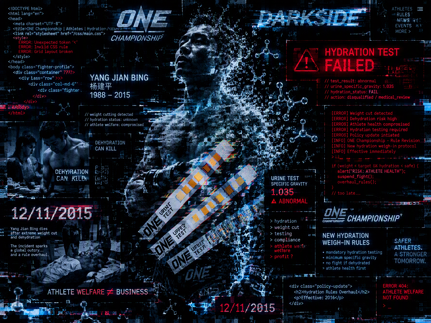 Glitchy digital art showing a fragmented fighter silhouette dissolving into pixelated water molecules, overlaid with corrupted web code and urine test graphics, representing the death of Yang Jian Bing and ONE Championship's hydration weigh-in reform.