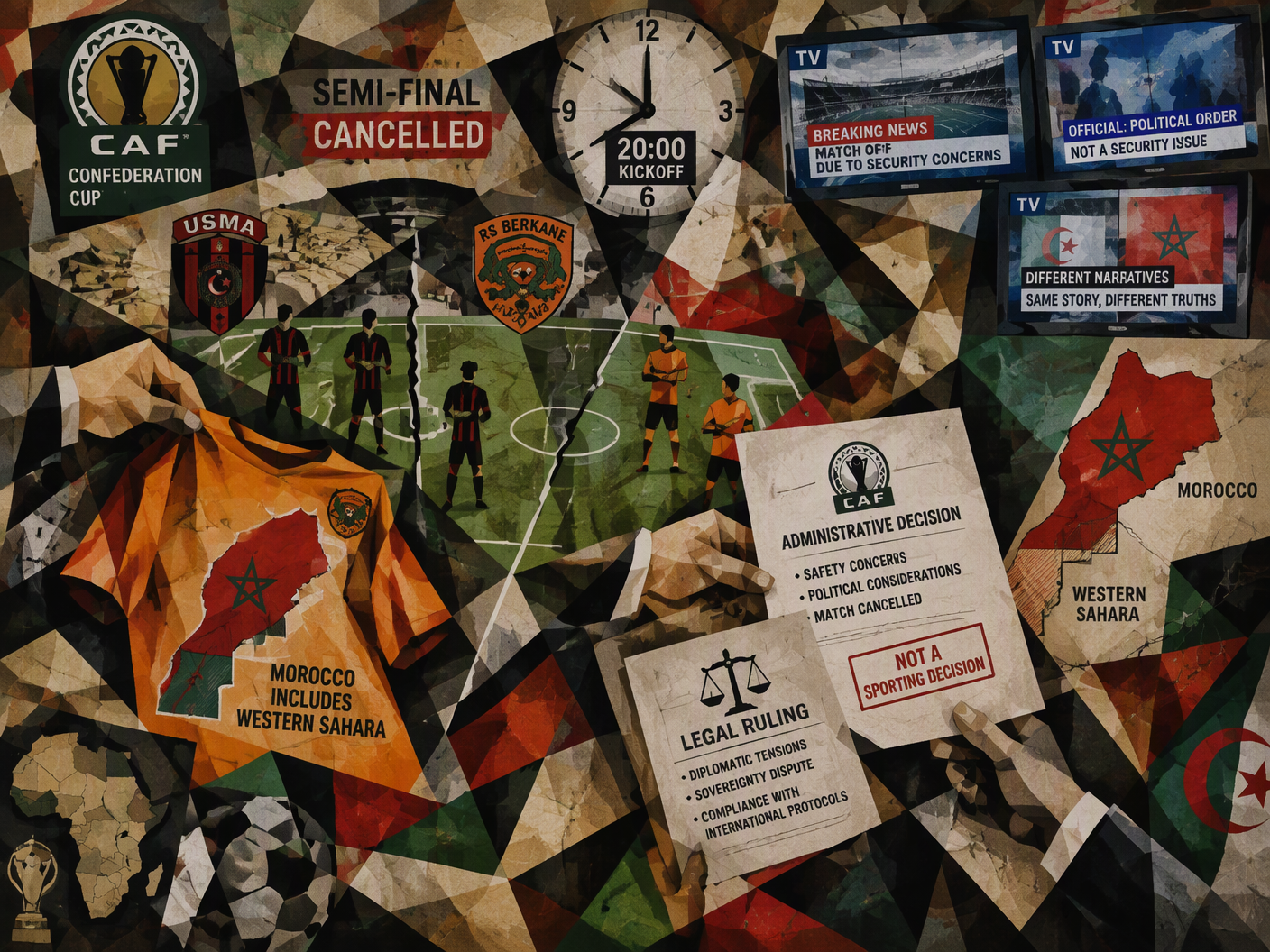 Cubist-style fractured composition showing a divided football pitch, abstract players refusing to play, a confiscated jersey with a disputed map of Morocco, referee hands holding legal papers, and fragmented TV screens, symbolizing the political and administrative conflict that canceled the CAF Confederation Cup semi-final match.