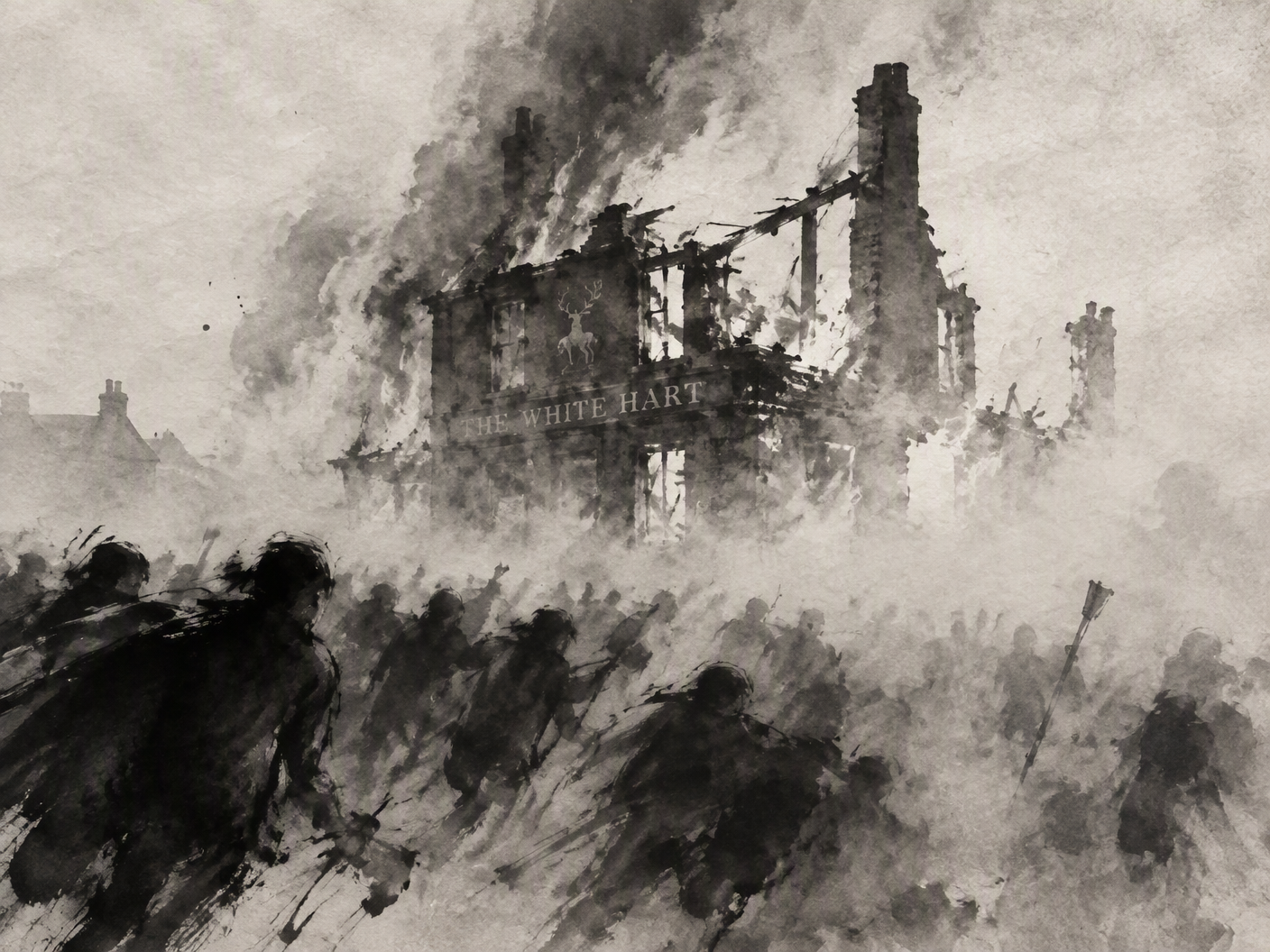 Ink wash painting of a burning, ruined pub surrounded by shadowy, formless crowds; fragmented walls dissolve into mist and darkness, symbolizing destruction and absence after football violence.
