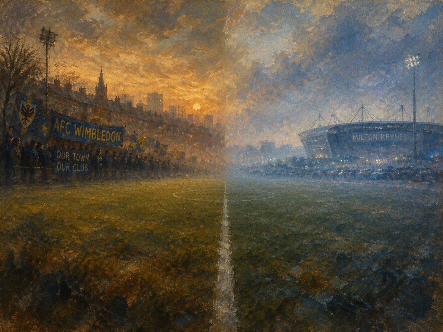 An impressionist painting of an empty football pitch at dusk, divided by a hazy boundary symbolizing the split between Wimbledon’s original fanbase and the relocated club, with muted ochres and blues blending into a misty atmosphere.