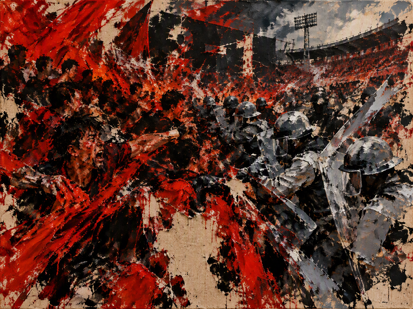 An abstract expressionist painting with aggressive red and black brushstrokes, scraped raw canvas areas, and jagged gray lines cutting through turbulent color, symbolizing violent unrest and police intervention after a football match defeat.