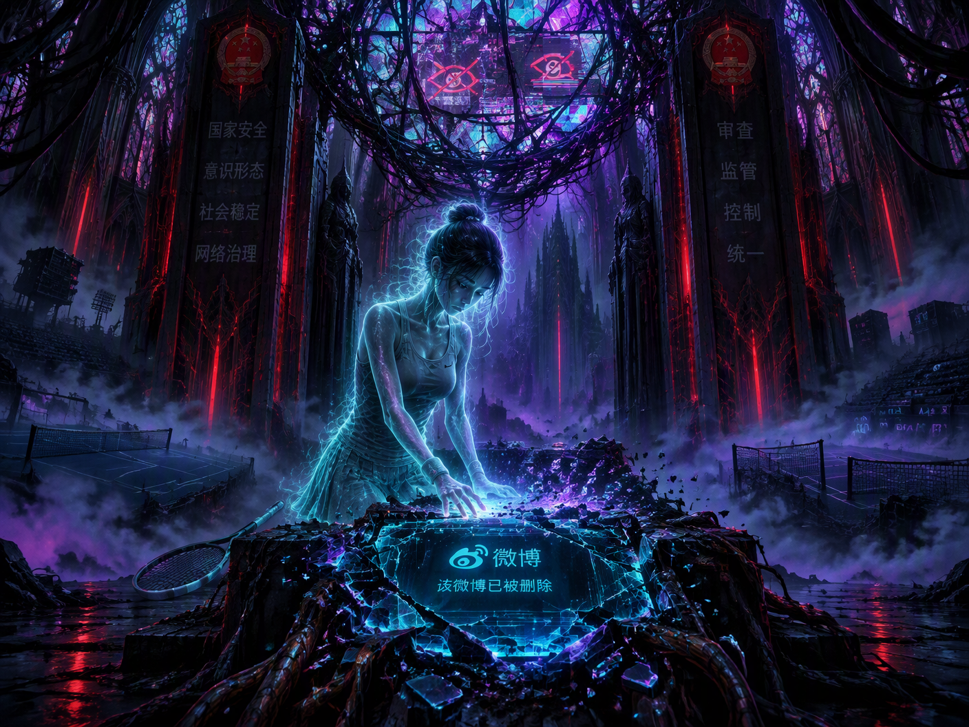 A glowing ghostly female tennis player in a dark gothic neon cathedral of wires and crumbling architecture, touching a broken digital altar beneath flickering neon stained glass, symbolizing erased speech and vanished tennis tournaments.