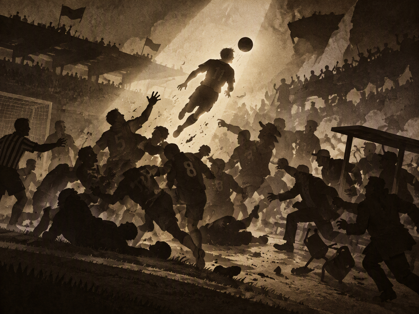 A cut-paper silhouette scene showing a chaotic football brawl after a late winning header, with overlapping shadowy figures and a lone player heading the ball amidst swirling conflict on the pitch under theatrical lighting.