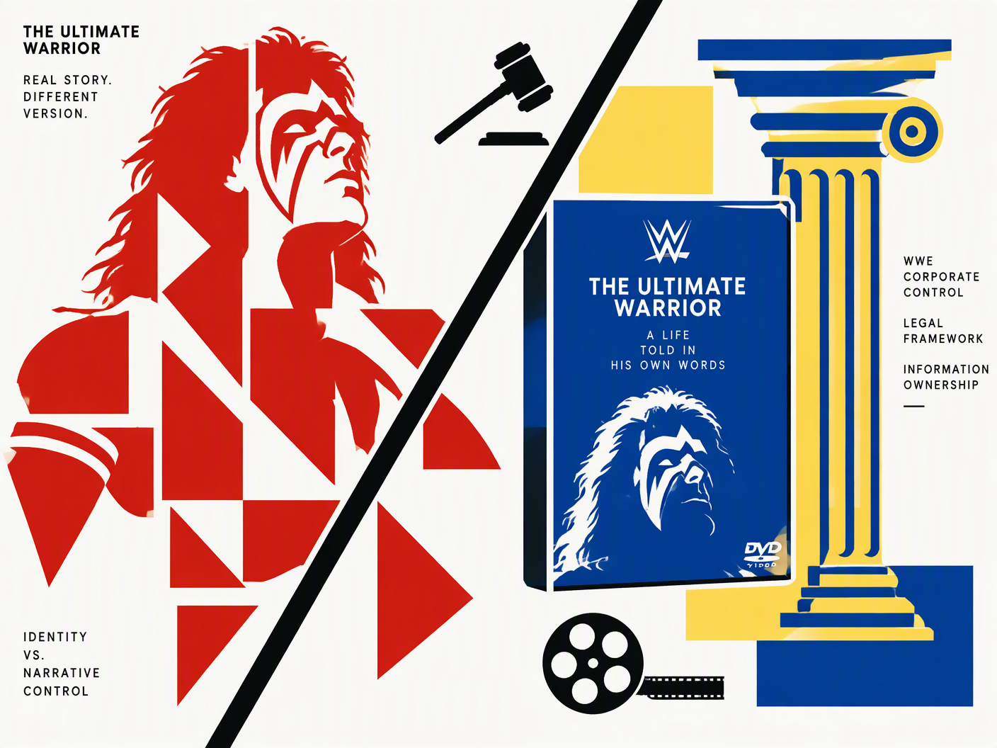 Graphic Bauhaus-style editorial illustration showing a fragmented red silhouette of the Ultimate Warrior opposite a blue and yellow DVD case and courthouse column, separated by a black diagonal line symbolizing legal and narrative conflict.