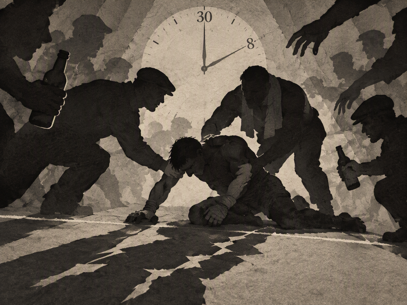 Black cut-paper silhouettes of a fallen bare-knuckle fighter surrounded by shadowy hands lifting him in a fighting ring with a faint scratch line and a layered clock face symbolizing the thirty-second rest and eight-second return, all rendered in a textured monochrome palette evoking a mythic shadow play.