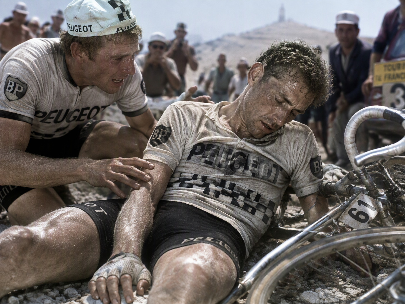 Tom Simpson slumped beside his bicycle on the rocky roadside of Mont Ventoux, sweating and exhausted, with teammate Vin Denson reaching out to him amidst a small, blurred crowd under bright sunlight.