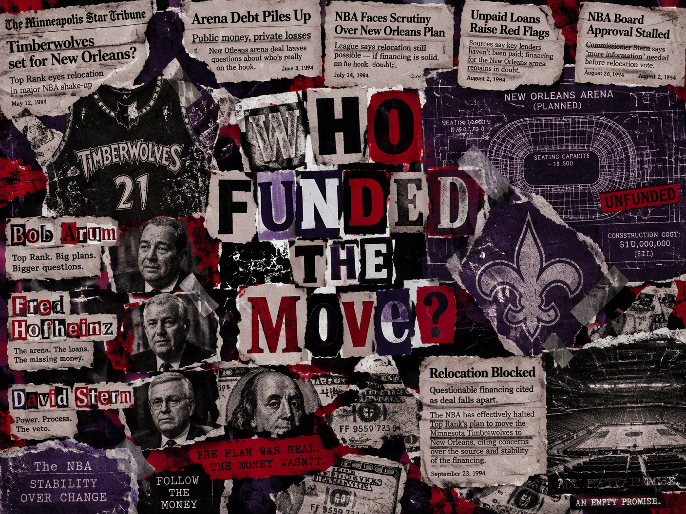 Torn collage of ransom-note letters, photocopied newspaper clippings, and silhouettes of a basketball jersey and fleur-de-lis, symbolizing Top Rank's blocked 1994 Timberwolves relocation due to dubious financing.