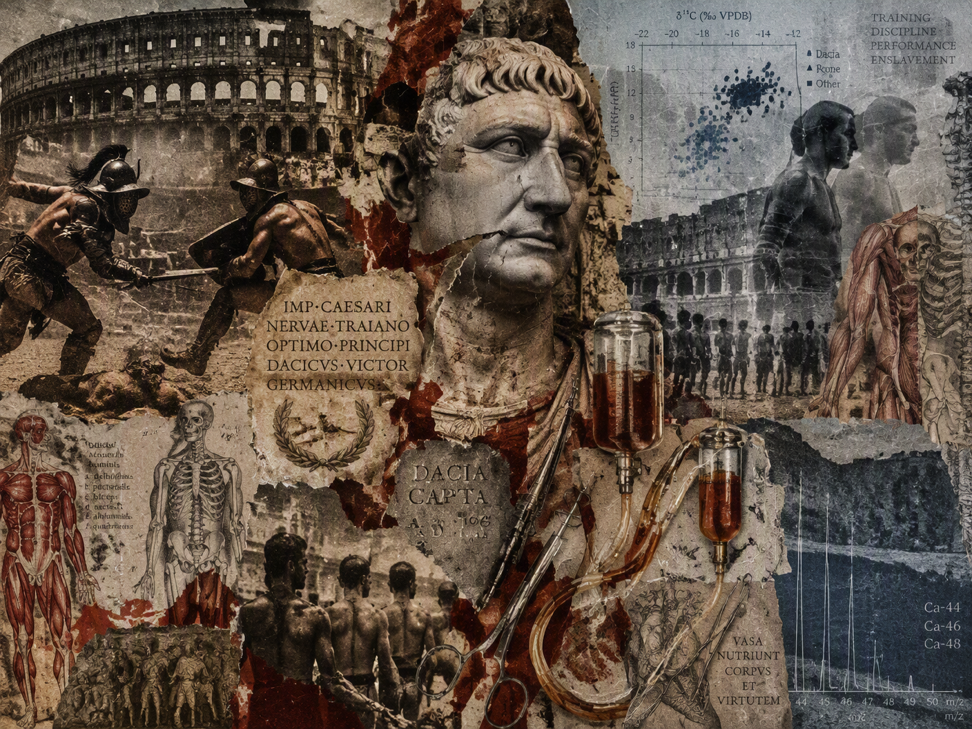 A layered collage of Roman gladiators fighting in a grainy ancient amphitheater, an aged bust of Emperor Trajan, anatomical sketches, and faded documents, overlaid with medical and chemical symbols representing the care and conditioning of gladiators for public spectacle.