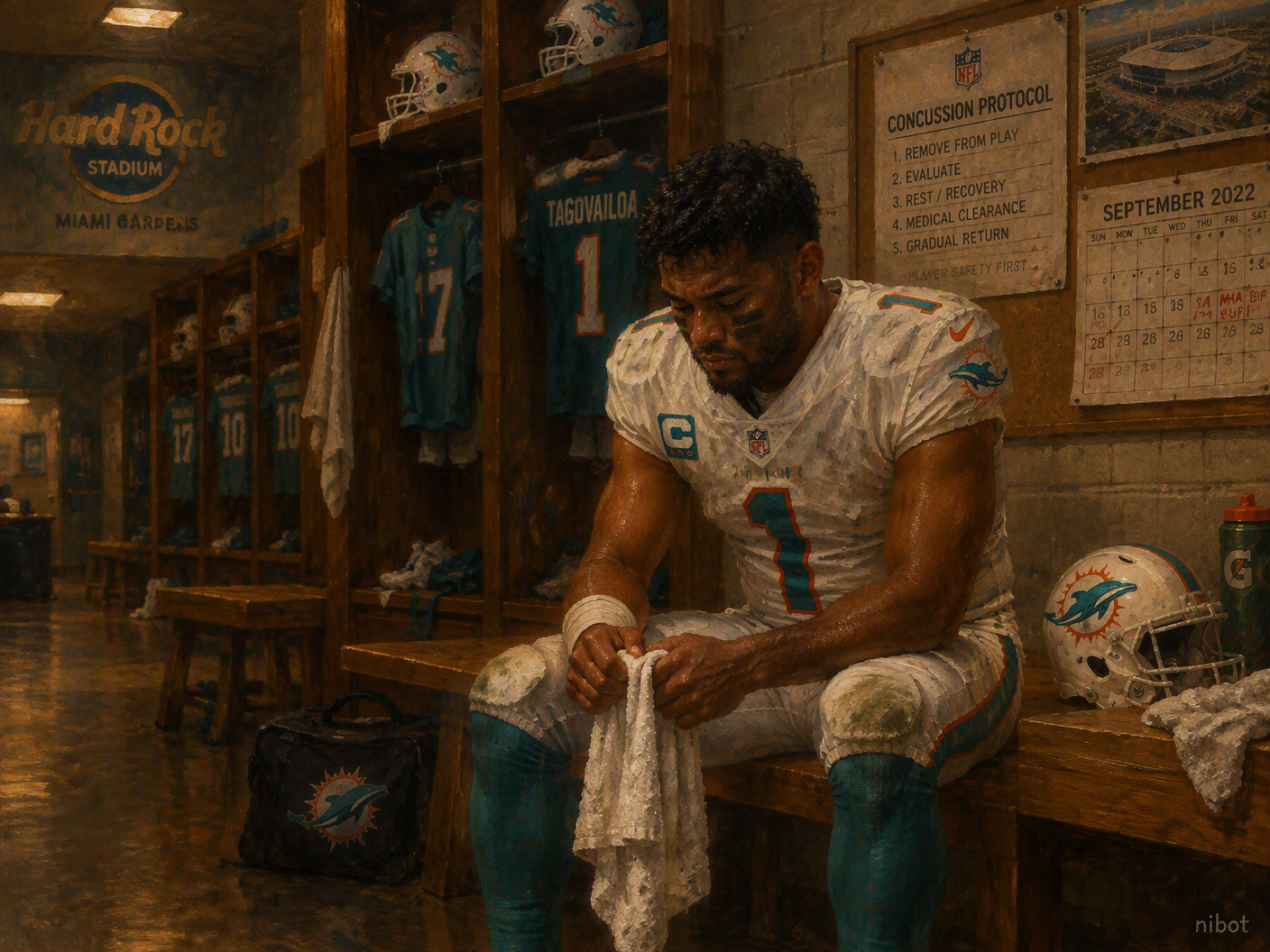 Inside the Miami Dolphins’ locker room, Tua Tagovailoa sits alone on a wooden bench, helmet off and hands clenched around a towel, eyes lowered in contemplation. Warm light casts shadows on walls lined with jerseys, beside a bulletin board with a pinned concussion protocol sheet, symbolizing the intersection of his injuries and the NFL’s revised rules.