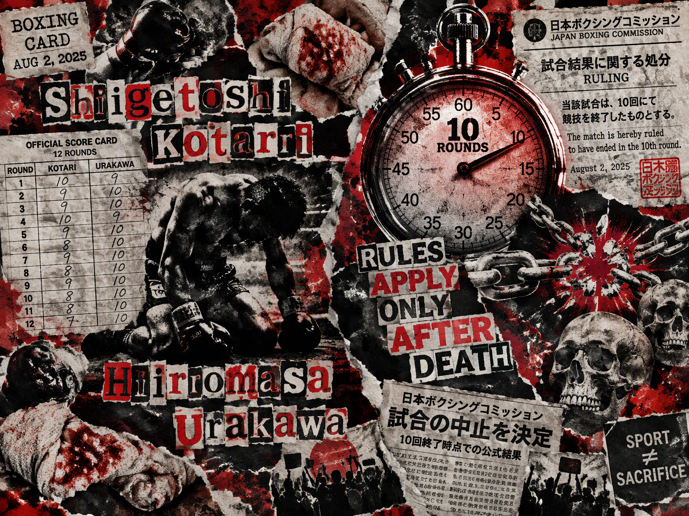 A torn collage of a boxing fight card showing two deceased fighters’ names in ransom note letters, split between a 12-round scorecard and a 10-round timer, layered with bloodied gloves and protest symbols against the Japanese Boxing Commission’s delayed safety response.
