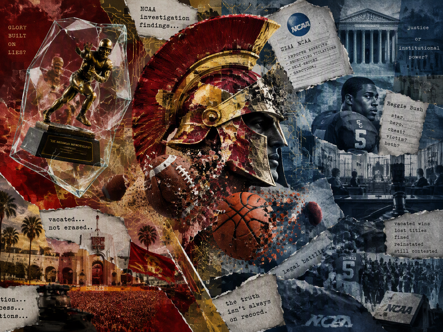 Abstract collage of a fragmented Trojan helmet intertwined with dissolving footballs and basketballs, a cracked golden Heisman Trophy in glass, layered with torn documents and circuit-like lines, alluding to USC NCAA sanctions and Reggie Bush controversies.