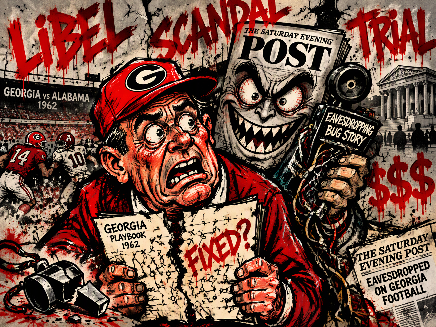 Urban pop style cartoon shows Wally Butts shocked and holding a torn playbook while a wild-eyed magazine figure representing The Saturday Evening Post holds a bugged phone. Graffiti words LIBEL, SCANDAL, and TRIAL spray across a cracked stadium wall behind them, symbolizing the 1962 game-fixing accusation and the ensuing lawsuit.