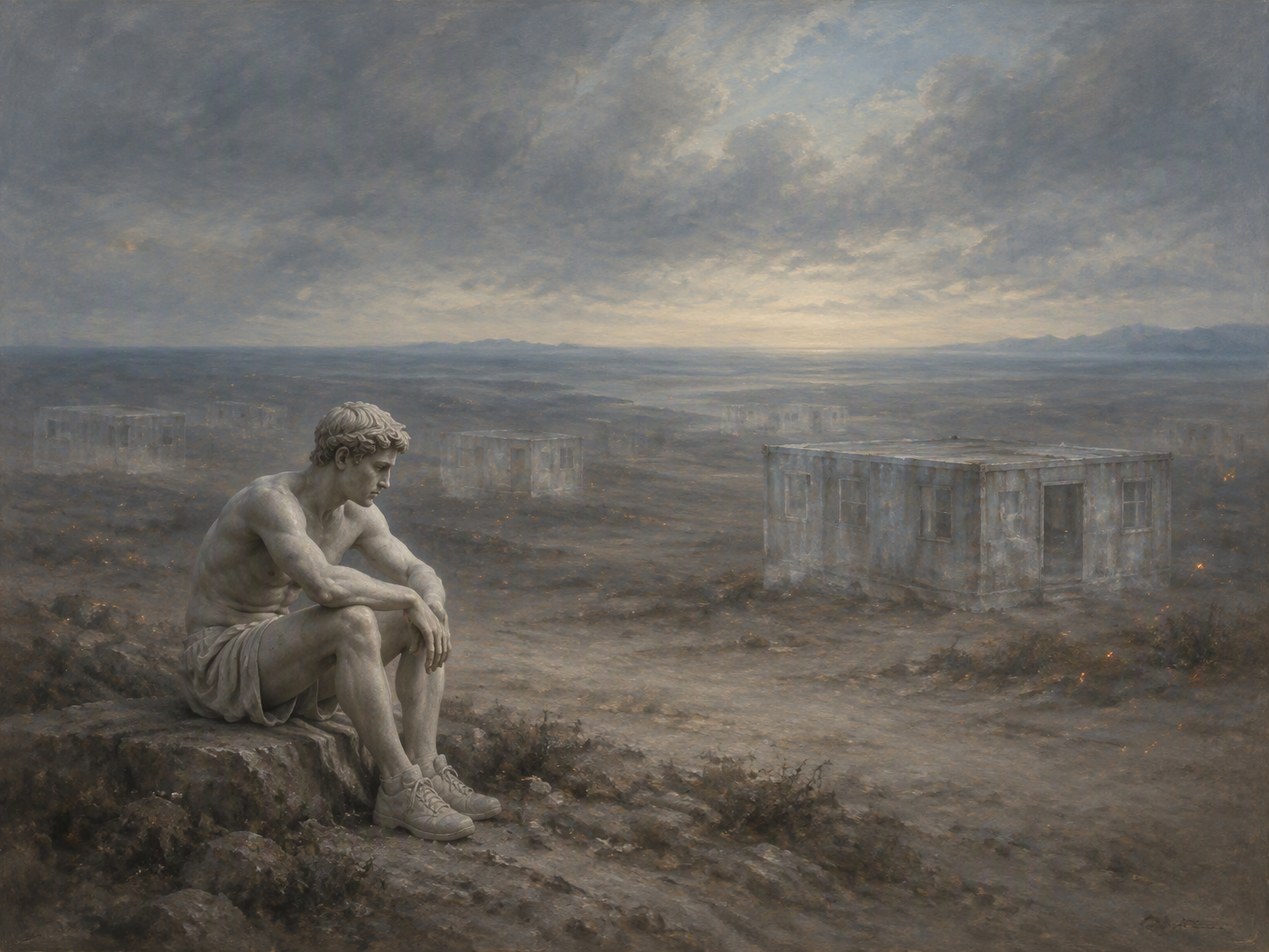 A solitary classical statue-like youth sits in an empty landscape scattered with faint, ghostly container dormitory shapes under a muted gray sky, symbolizing memory and psychological solitude after the Flamengo youth dormitory fire.