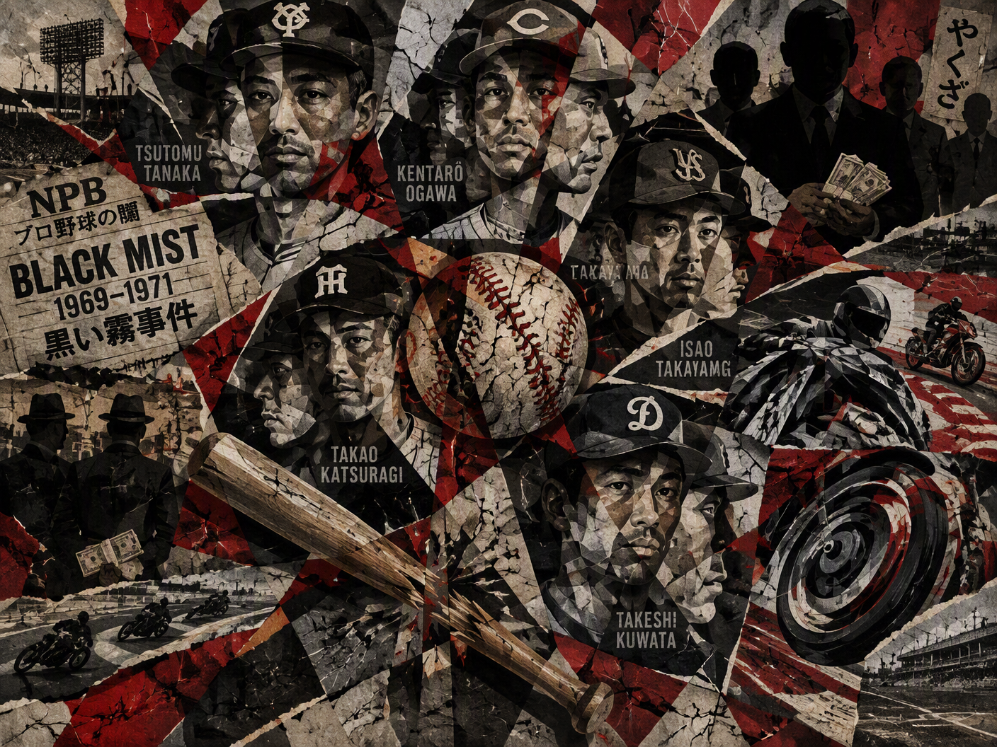 Cubist fragmented collage showing overlapping angular portraits of corrupted baseball players, fractured baseball and motorcycle elements, and shadowy yakuza figures, rendered in black, gray, and red, symbolizing the 1969-71 Black Mist fixing scandal.