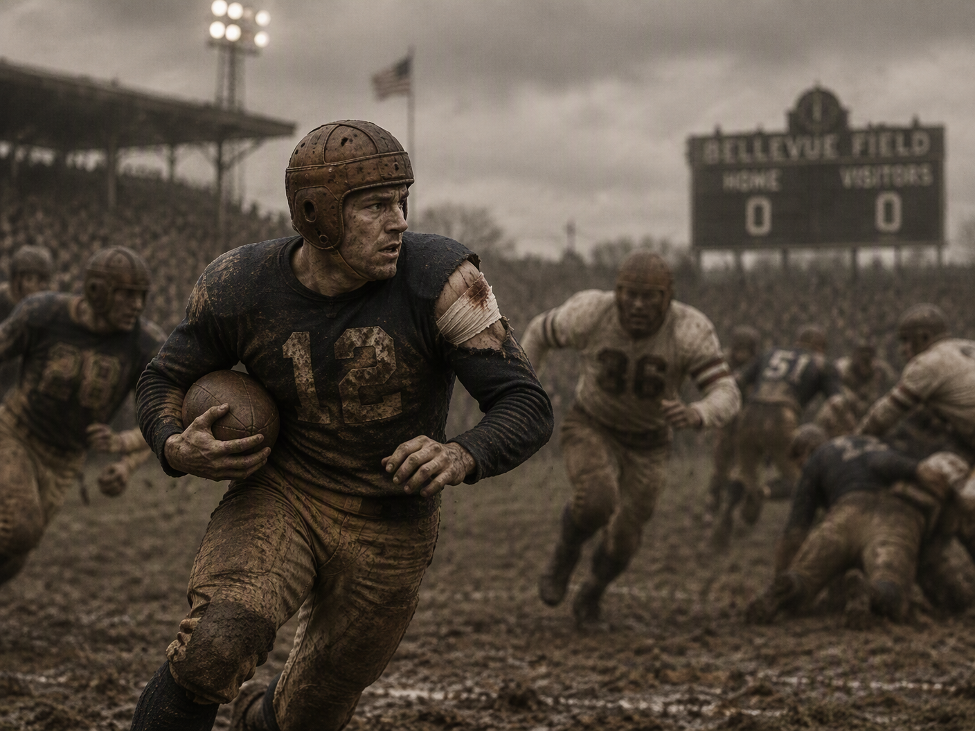 Black-and-white style image of a 1920s American football player in vintage uniform and leather helmet clutching his arm in pain during a game on a muddy field, with teammates and opponents in the background under gloomy sky and old stadium lights.