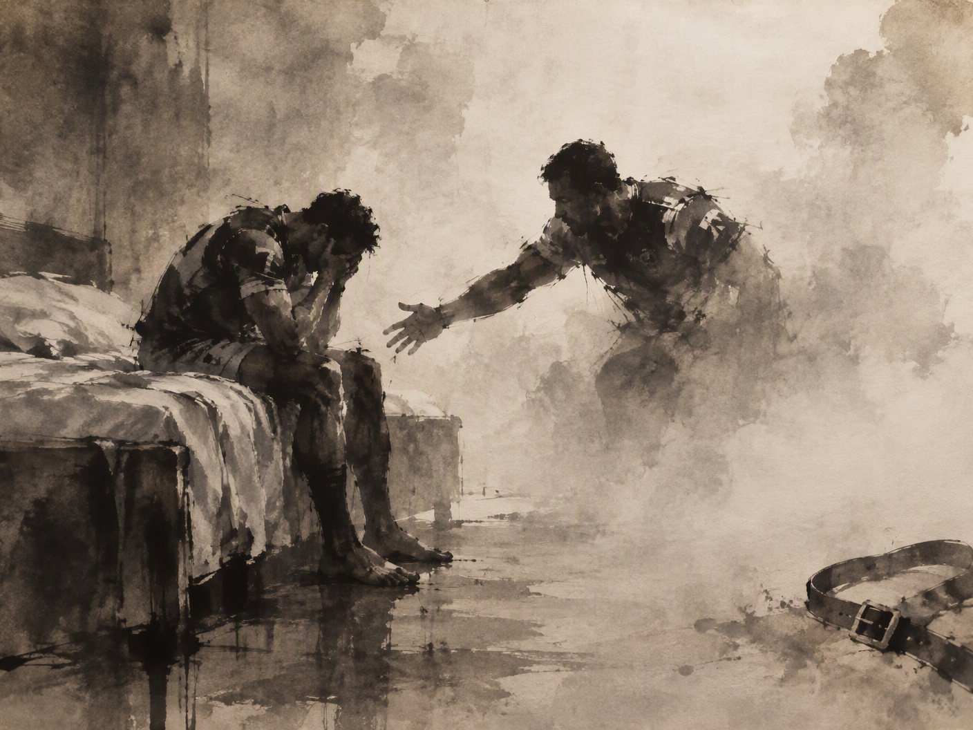 Ink wash painting showing two abstract ink figures in a misty room, one seated in despair and another reaching out, symbolizing crisis and rescue.