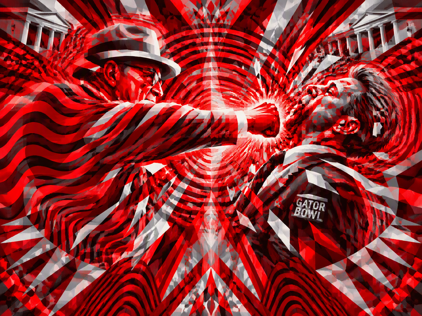 Abstract op art image showing radiant vibrational patterns centered on a dynamic, geometric punch between two stylized human forms symbolizing Woody Hayes and Charlie Bauman, with fracturing luminous shapes representing the ensuing brawl and institutional breakdown.