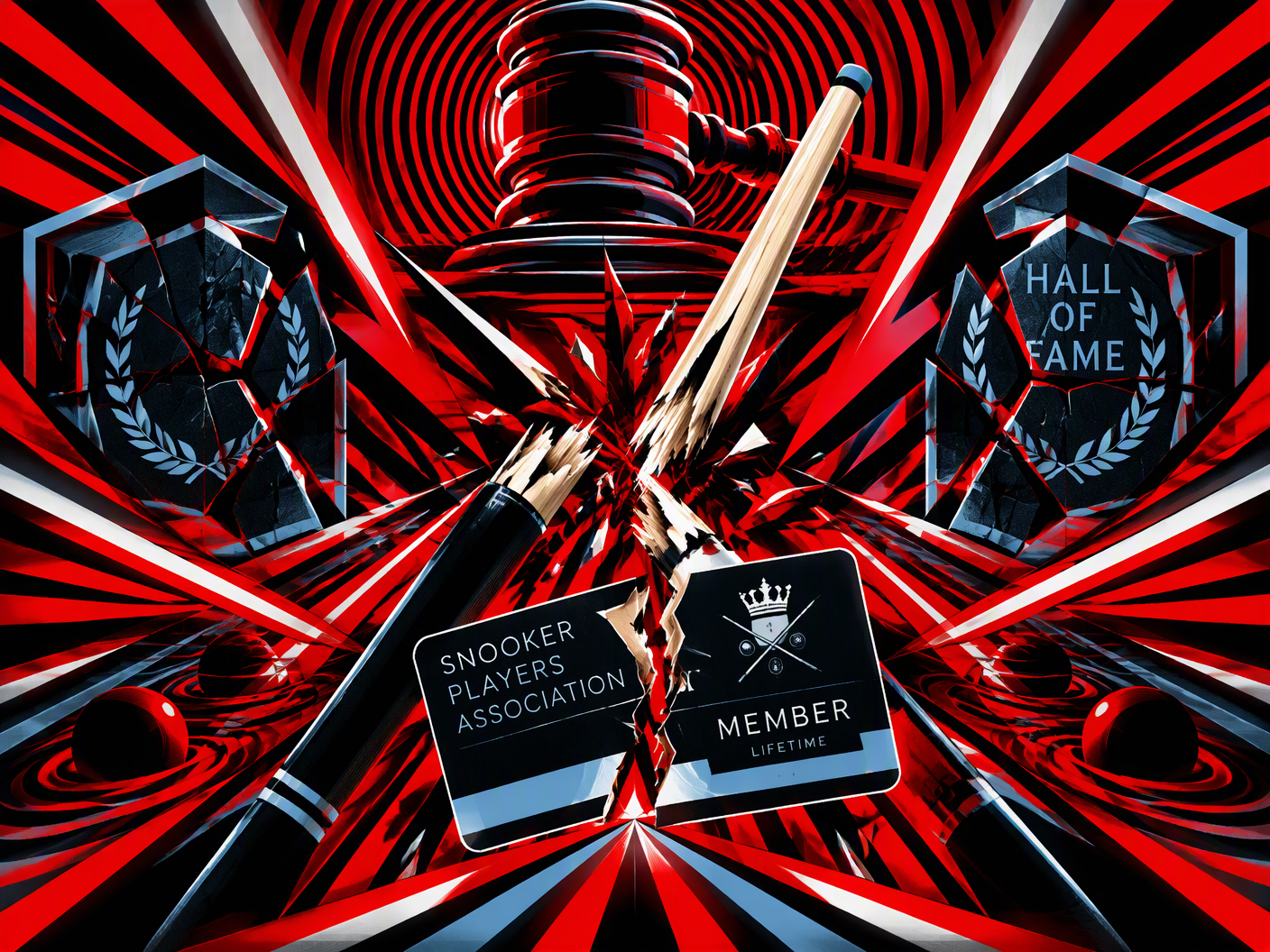 An abstract chromatic op art composition with radiant red and black geometric shapes converging around a fragmented snooker cue and membership card, symbolizing the permanent revocation of sportsman Graeme Dott’s association with the WPBSA after conviction.
